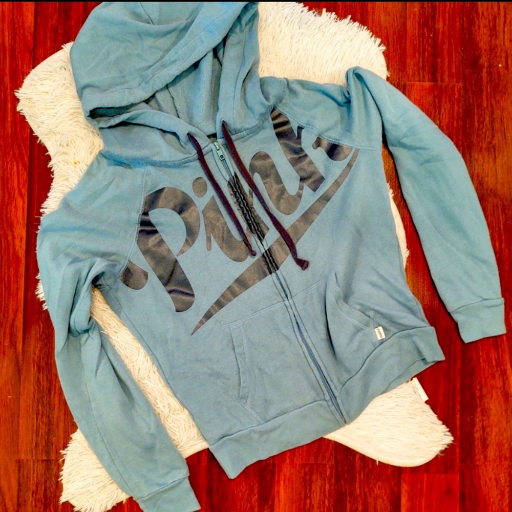 PINK Zip Up Hoodie Blue with Shimmery Script